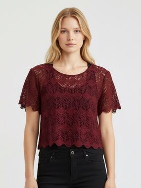 Forever 21 Burgundy Lace Short Sleeve Crop Blouse Top Scalloped Hem Small